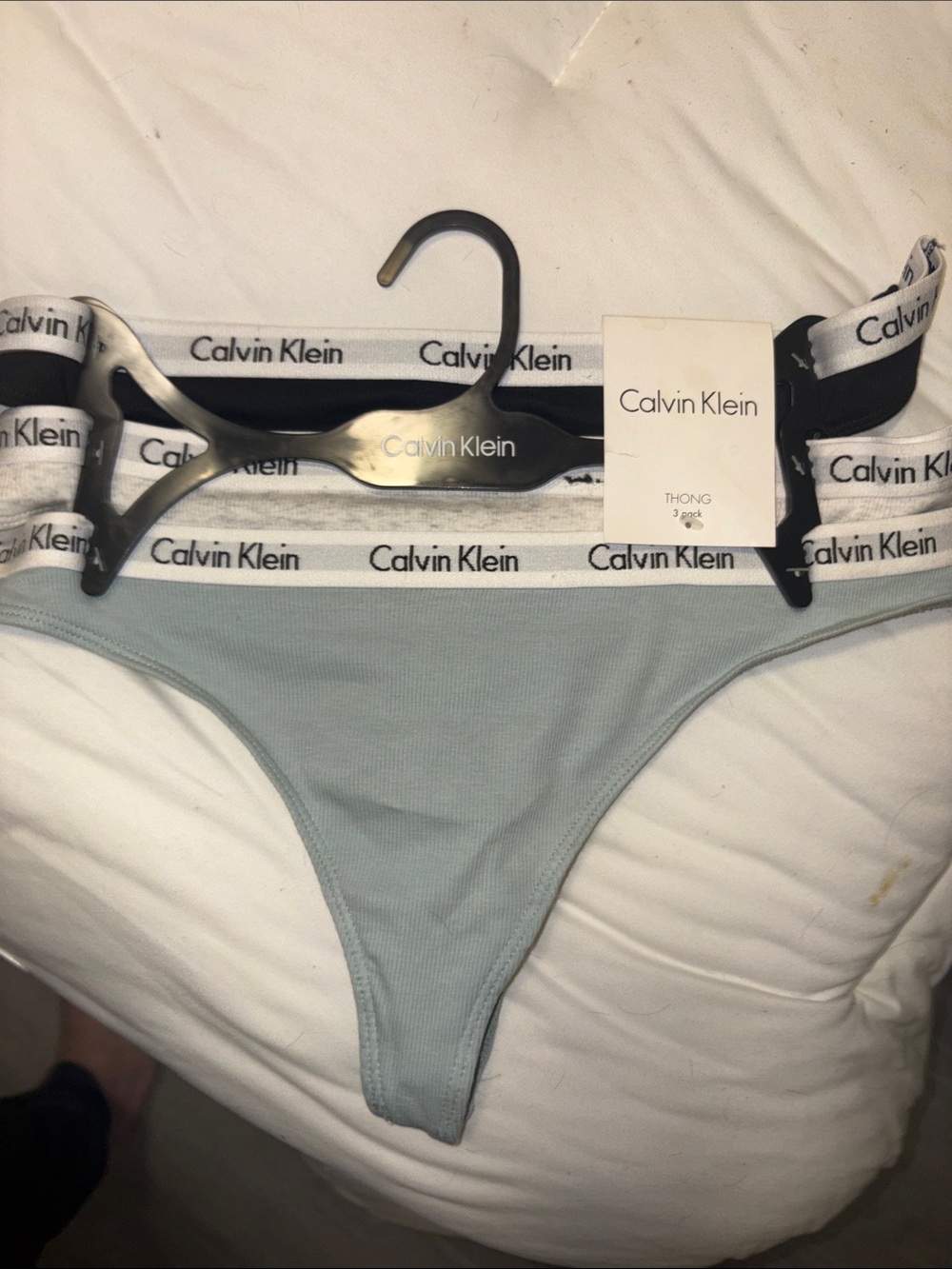 Calvin Klein blue, gray & Black Thong w/ Branded White Waistband - 3 pack